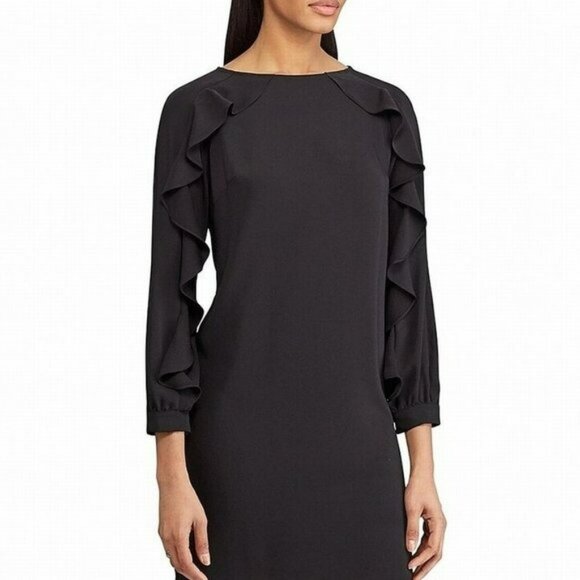 NWT Chaps Black Ruffle Sleeve Classic Minimalist Modest Shift Tent Dress M-L 12 - Picture 1 of 5